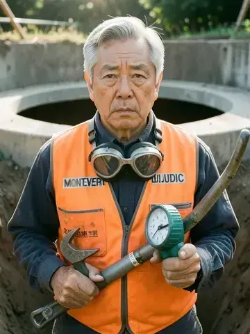 monteverdijudic.com の創業職人・新宿区の現場で塩ビ管のフィッティングとマノメーターを点検する様子